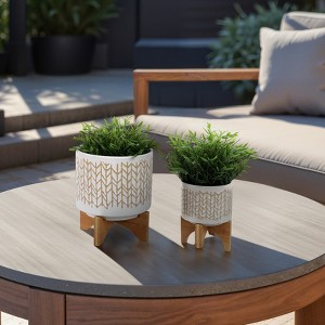 Set of 2 Ceramic Pots with Bamboo Wood Base - Modern Geometric Design for Indoor/Outdoor Plants - Plant Holders for Home & Garden - 11", 7" - 1 of 4
