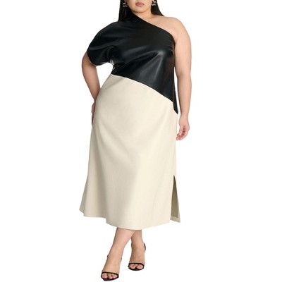 ELOQUII Women's Plus Size One Shoulder Colorblock Faux Leather Dress