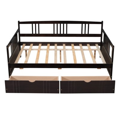 GustoWave 57.5''D x 78.2''W Daybed Frame with 2 Storage Drawers, Solid Wood Day Bed SofaBed Platform for Bedroom Living Room, Coffee