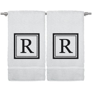 BC BARE COTTON Monogrammed Hand Towel, 100% Turkish Cotton - Set of 2 - White - Black Square - 1 of 4