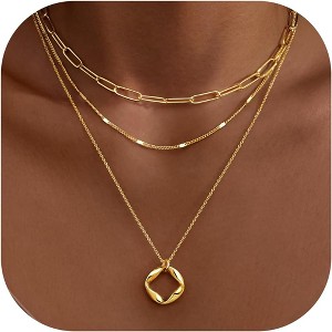 14K Gold Layered Necklace Set – Stackable Paperclip & Circle Pendant Choker for Women - 1 of 4