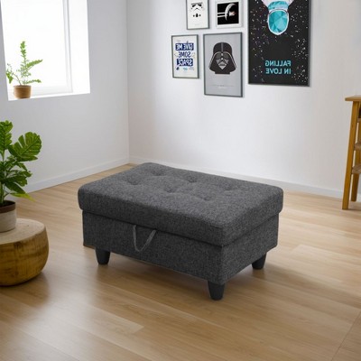 DOMETOUR Black Gray Linen Living Room Storage Ottoman - Upholstered Footstool with Hidden Compartment