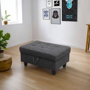 DOMETOUR Black Gray Linen Living Room Storage Ottoman - Upholstered Footstool with Hidden Compartment - 1 of 4