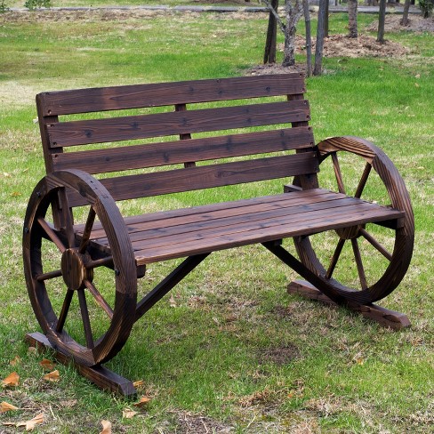 Outsunny Wooden Wagon Wheel Bench, Outdoor Wagon Wheel Furniture