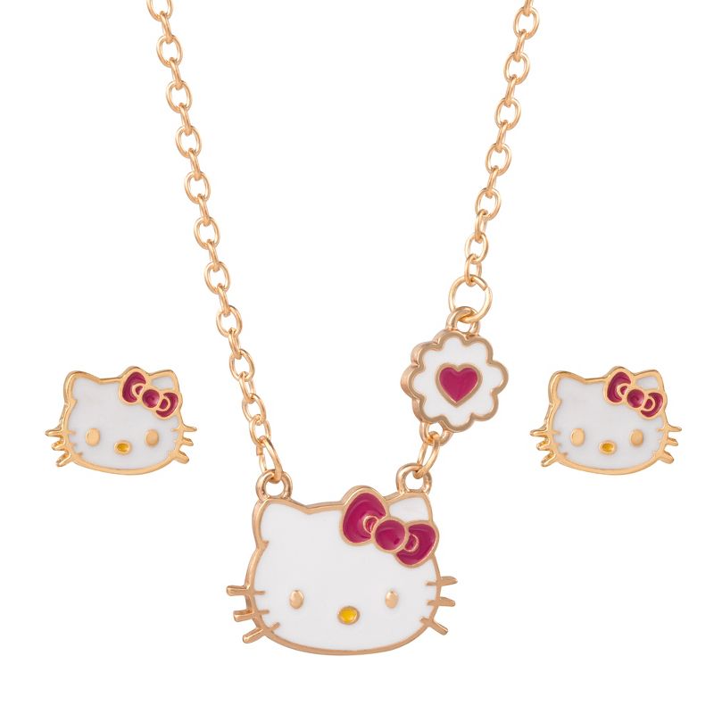 Hello Kitty Girls Necklace Stud Earrings Jewelry Set - 18+3", 1 of 8
