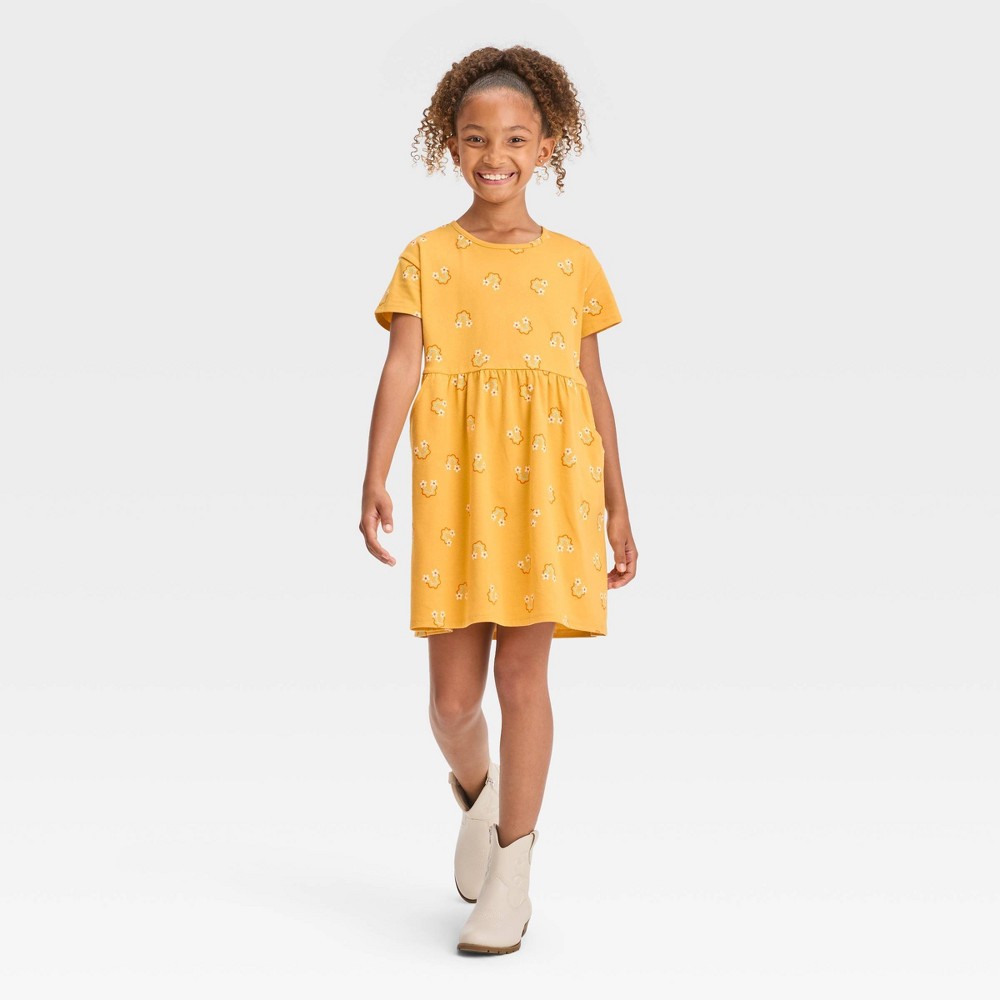 Size X-Large (14) Girls' Relaxed Fit Short Sleeve Knit Dress - Cat & Jack™ Mustard Yellow 