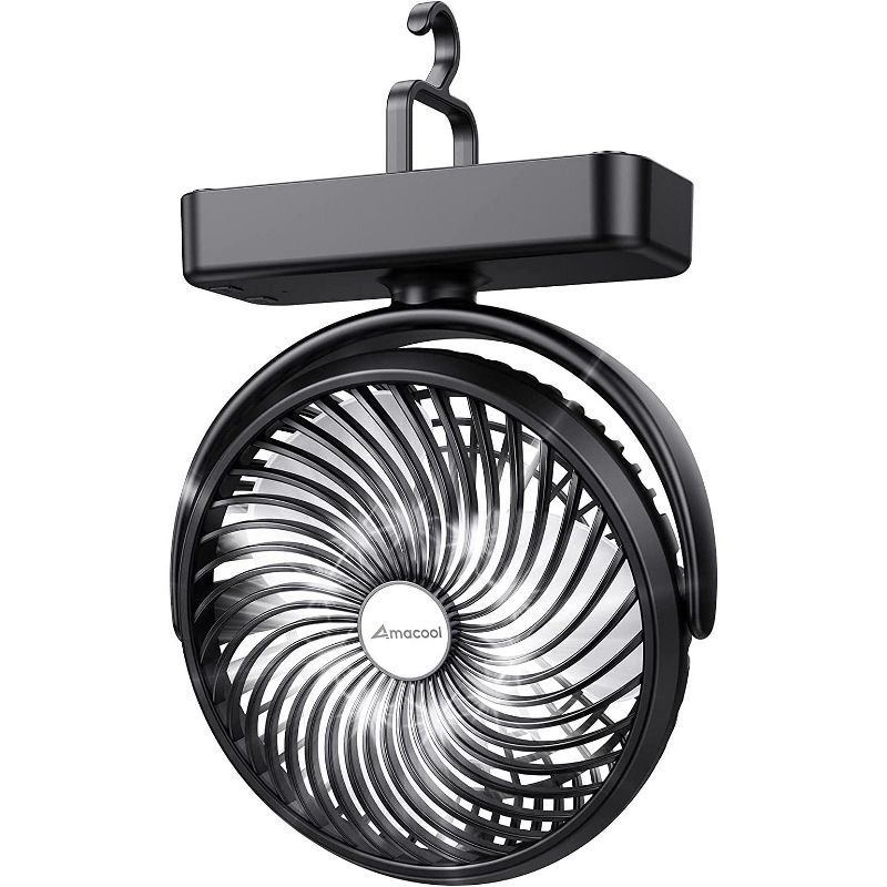 Panergy 10000mAh Battery Operated Camping Fan with LED Light-7 inch USB Fan with Hanging Hook for Tent Car RV Hurricane Emergency Outage - Black, 1 of 7