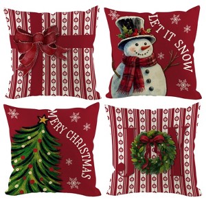 Christmas Pillow Covers 18x18 inch Set of 4, Holiday Winter Indoor Red Plaid Vintage Tree Snowflake Xmas Snowman - 1 of 4