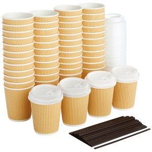 Juvale 50 Pack Disposable Small Coffee Cups 8 oz, Kraft Paper Insulated, Ripple, Coffee Cups To Go with Lids and Stirring Straws (150 Total Pcs) - 1 of 4
