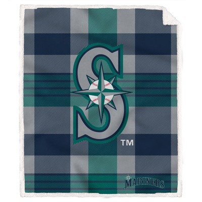 MLB Seattle Mariners Plaid Steel Royal Plush Faux Shearling Blanket