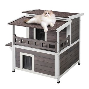 VEVOR Outdoor Cat House Weatherproof, Feral Cat Shelter for Multiple Cats, 2-story Large Outdoor Wooden Cat House with Balcony, Doors,PVC Door Flaps - 1 of 4