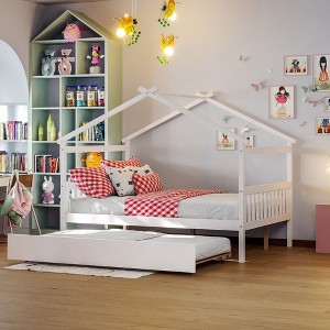 NicBex Full Size Loft Bed Roof Shape Pine Bed Frame with Twin Trundle and Headboards for Bedroom, No Box Spring Required - 1 of 4