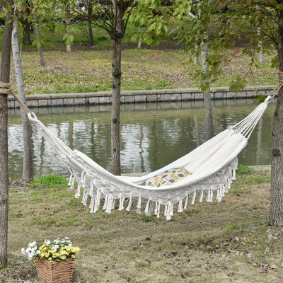 Extra Large White Cotton Hammock with Macrame Tassel Fringe