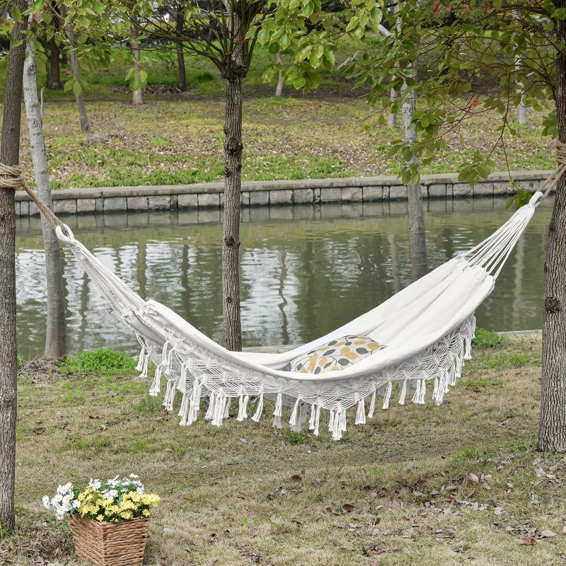 Outsunny Extra Large Boho Hammock with Macrame Tassel Fringe, Includes Carrying Bag, Indoor Outdoor Tree Hammock for Porch, Backyard, Camping, White, 2 of 9