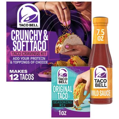 Taco Bell 7.5oz Mild Taco Sauce + 1oz Original Seasoning + 12.9oz Crunchy and Soft Taco Kit