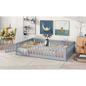 MAYEERTY Full Size Floor Bed with Fence and Door, Rubber Wood Floor Bed Guardrails Gray - 1 of 4