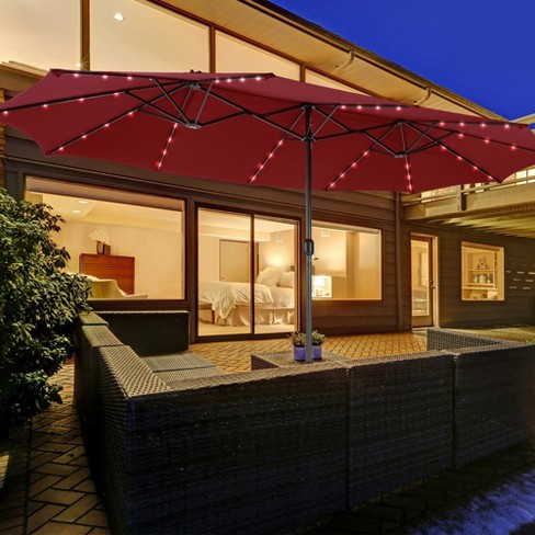 Costway Outdoor 15' Double-sided Patio Umbrella 48 Solar Led Lights Crank u0026  Base Wine : Target