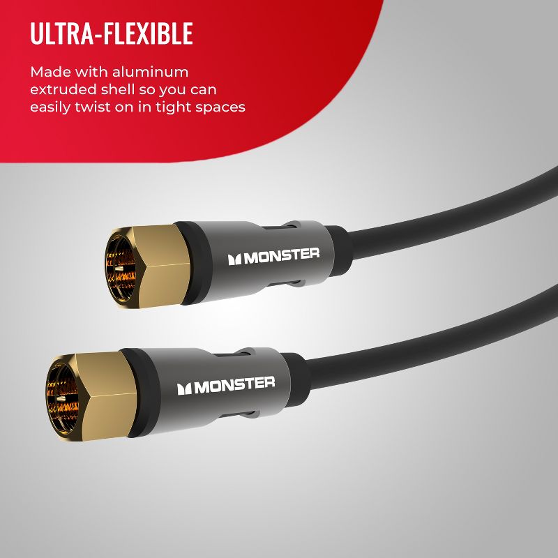 Monster Essentials Coaxial Video Cable - RG-6 Coax Cable Featuring Gold-Plated F-Pin Connector, Duraflex Protective Jacket, and Aluminum Extruded Shell, 5 of 9