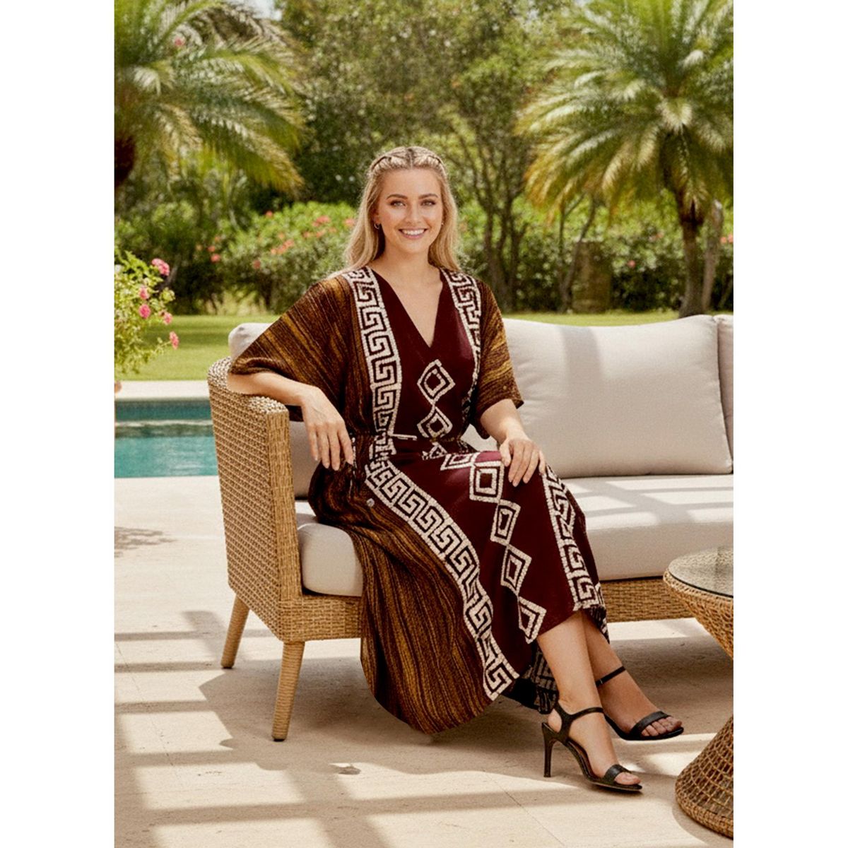 LA LEELA Summer Cotton Premium Caftan Dress for Women Resortwear Vacation Cruise Holiday Loungewear Beachwear Outfit 2X-3X Brown Geometric - thumbnail 3