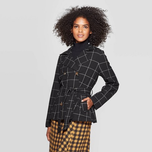 Women S Plaid Turnover Collar Front Button Down Swing Trench Jacket Who What Wear Black