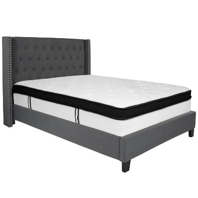 Emma and Oliver Full Accent Extended Panel Platform Bed/Memory Foam Mattress-Dark Gray Fabric