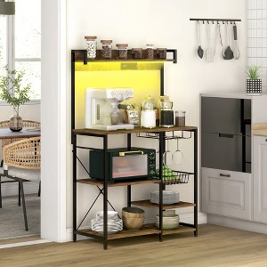 Vynxaria Baker's Rack with LED Lights for Kitchens, Industrial Microwave Stand with Glass Holders, Metal Basket, Multiple Shelves, Rustic Brown - 1 of 4