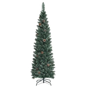 Green Artificial Pencil Christmas Tree with PVC Branches, Realistic Pine Cones, Foldable Metal Stand, Slim Space-Saving Design for Holiday Décor - 1 of 4