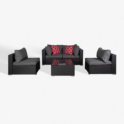 WestinTrends 5-Piece Outdoor Patio Rattan Wicker Sofa Conversation Set with Coffee Table and Cushions