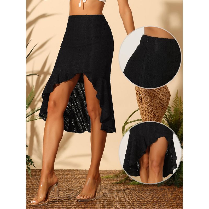 Allegra K Women's Lace Ruffle Hem Asymmetrical Stretchy Midi Skirt, 2 of 6