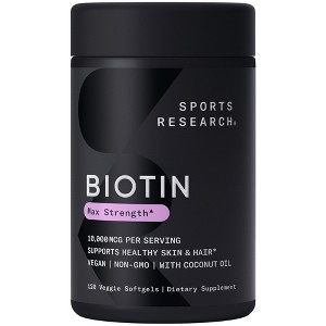 Sports Research Biotin, Max Strength, 10,000 mcg, 120 Veggie Softgels - 1 of 4