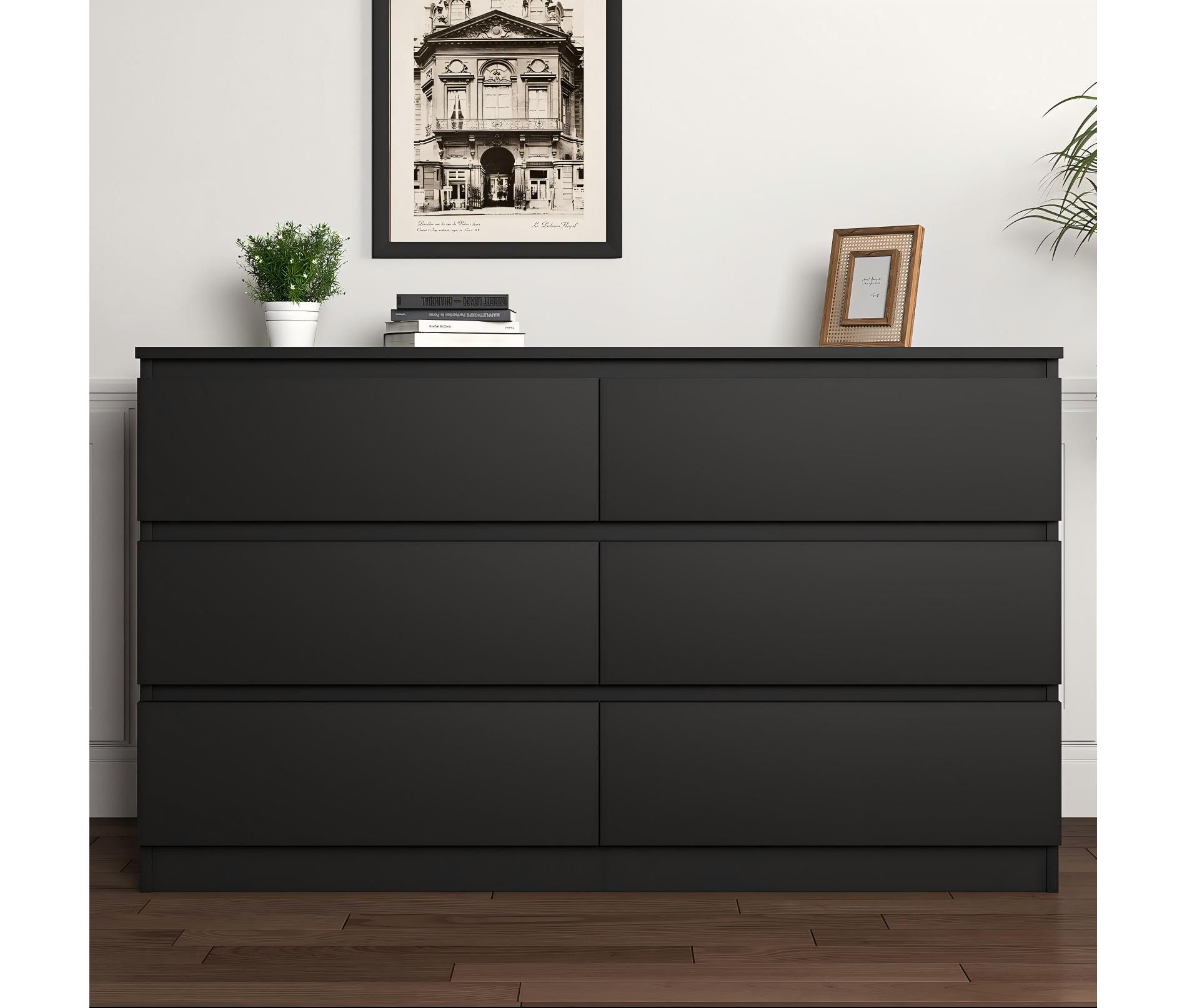 Resenkos Modern Mid Century 6 Drawer Wide Dressers Chests for Bedroom, Chest of Drawer Organizer Black