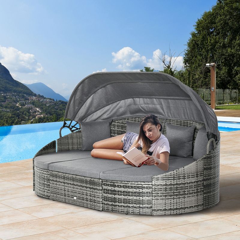 Outsunny Outdoor Round Daybed 4 Pieces Wicker Outdoor Rattan Sofa with Canopy, Cushions, Pillows Patio Bed Sets for Garden Backyard, 3 of 8