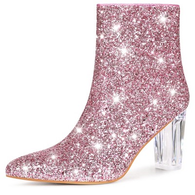 Perphy Women's Sparkly Glitter Upper Side Zipper Clear Block Heel Ankle Booties
