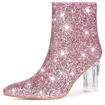 Perphy Women's Sparkly Glitter Upper Side Zipper Clear Block Heels Ankle Booties