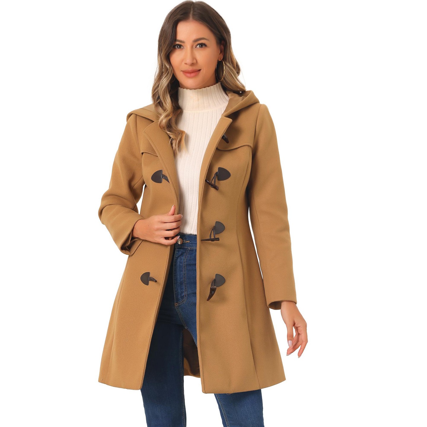 Женские куртки INSPIRE CHIC Hooded Toggle Button Long Sleeve Winter Duffle Coats Medium Camel — фото 1