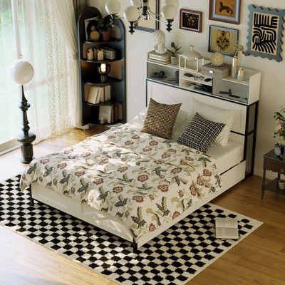 FUFU&GAGA White Queen Size Stylish Bed Frame: Variable Lighting, Large Bottom Drawer for Storage, Stable and Comfortable Sleeping