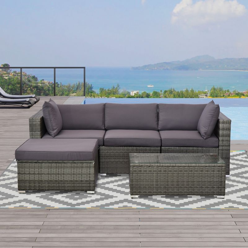 Outsunny 5-Piece Outdoor Sectional Furniture, Patio Sofa Set, PE Wicker Couch, Cushions, Pillows, Ottoman, Coffee Table, 2 of 7