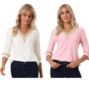 INSPIRE CHIC Women's V Neck Contrast Color Lace Trim Boho Top 2 Packs - 1 of 4