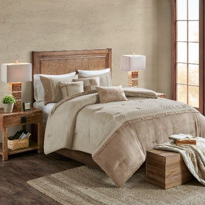 Sapphtopaz 7-Piece Lodge Cabin Faux Suede Comforter Set, Pieced Fabric & Decorative Buttons Quilts Queen Size, Bedding with Bed Skirt & Pillows