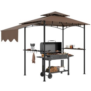 Outsunny 8' x 5' Grill Gazebo, Double Tiered Outdoor BBQ Gazebo with Side Awning, 2 Side Shelves and 6 Hooks for Patio, Deck, Yard, Brown - 1 of 4