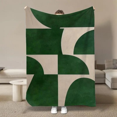 Green & Beige Minimalist Flannel Throw Blanket - All-Season Cozy Sofa & Bed for Home, Travel, Camping, Office - Perfect Gift for Men, Women