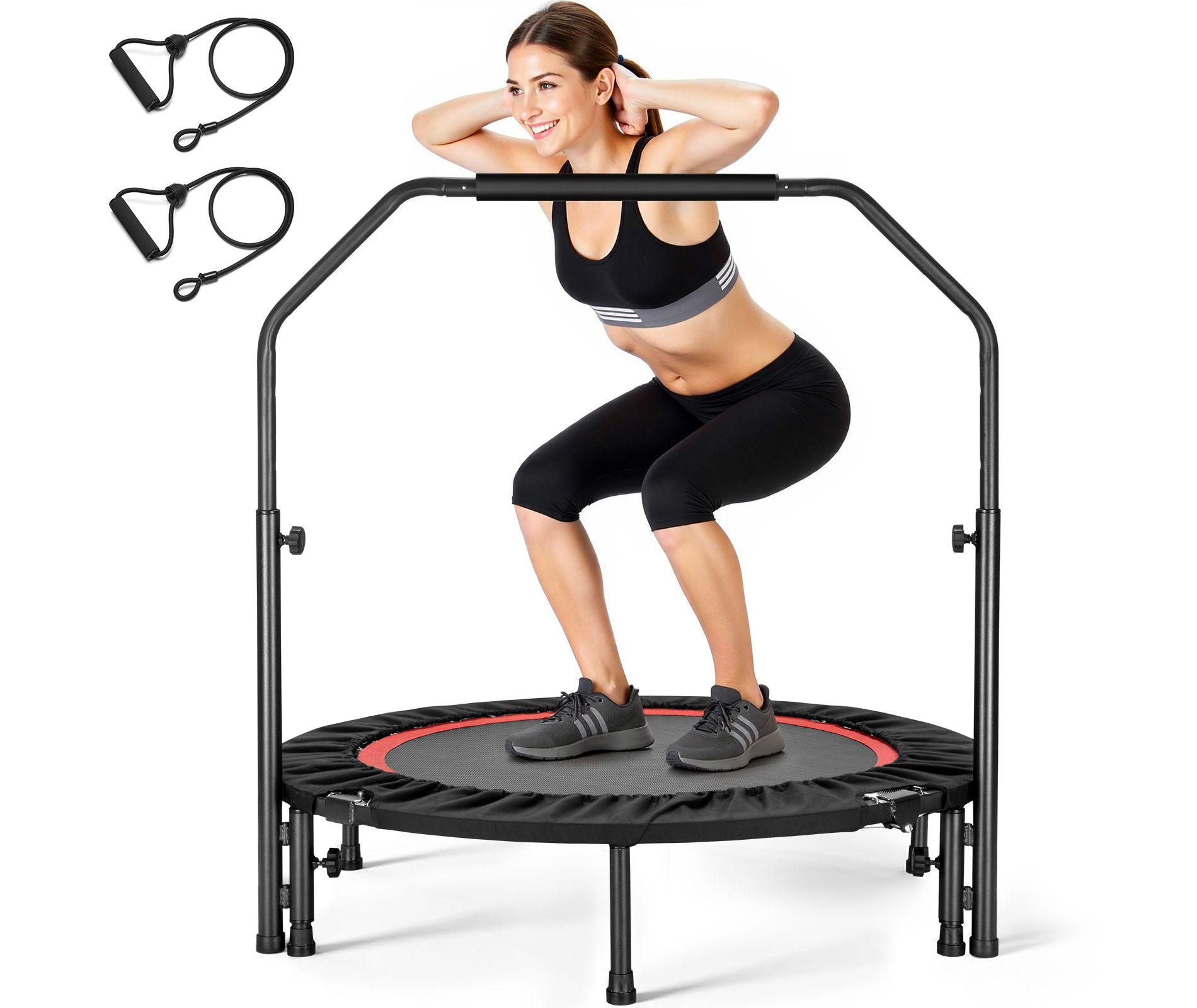SUGIFT Adjustable Fitness Trampoline with Foam Handle & Resistance Bands, Indoor Rebounder for Adults & Kids, 5-Level Height