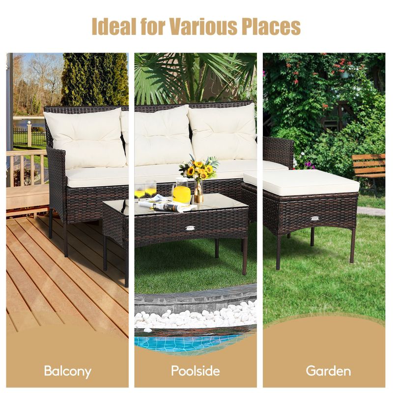 Tangkula 3 PCS Patio Furniture Set Outdoor All Weather Wicker Conversation Set w/Cushioned Ottoman & Side Table, 5 of 11