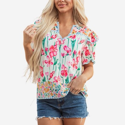 Amaryllis Women’s Floral Print Short Sleeve Blouse with Striped Trim Notched Neckline Relaxed Fit