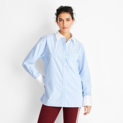 Women's Long Sleeve Oversized Button-Down Shirt - Future Collective Light Blue Striped