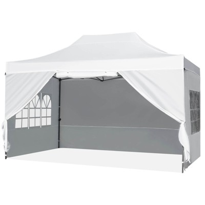 Costway 10 X 14 FT Pop up Canopy Tent with 4 Sidewalls, Wheeled Bag, 4 Sandbags, 8 Stakes White/Gray