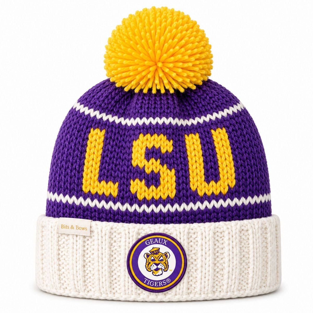 Bits & Bows Officially Licensed LSU Tigers Bobble Hat, Purple/Yellow