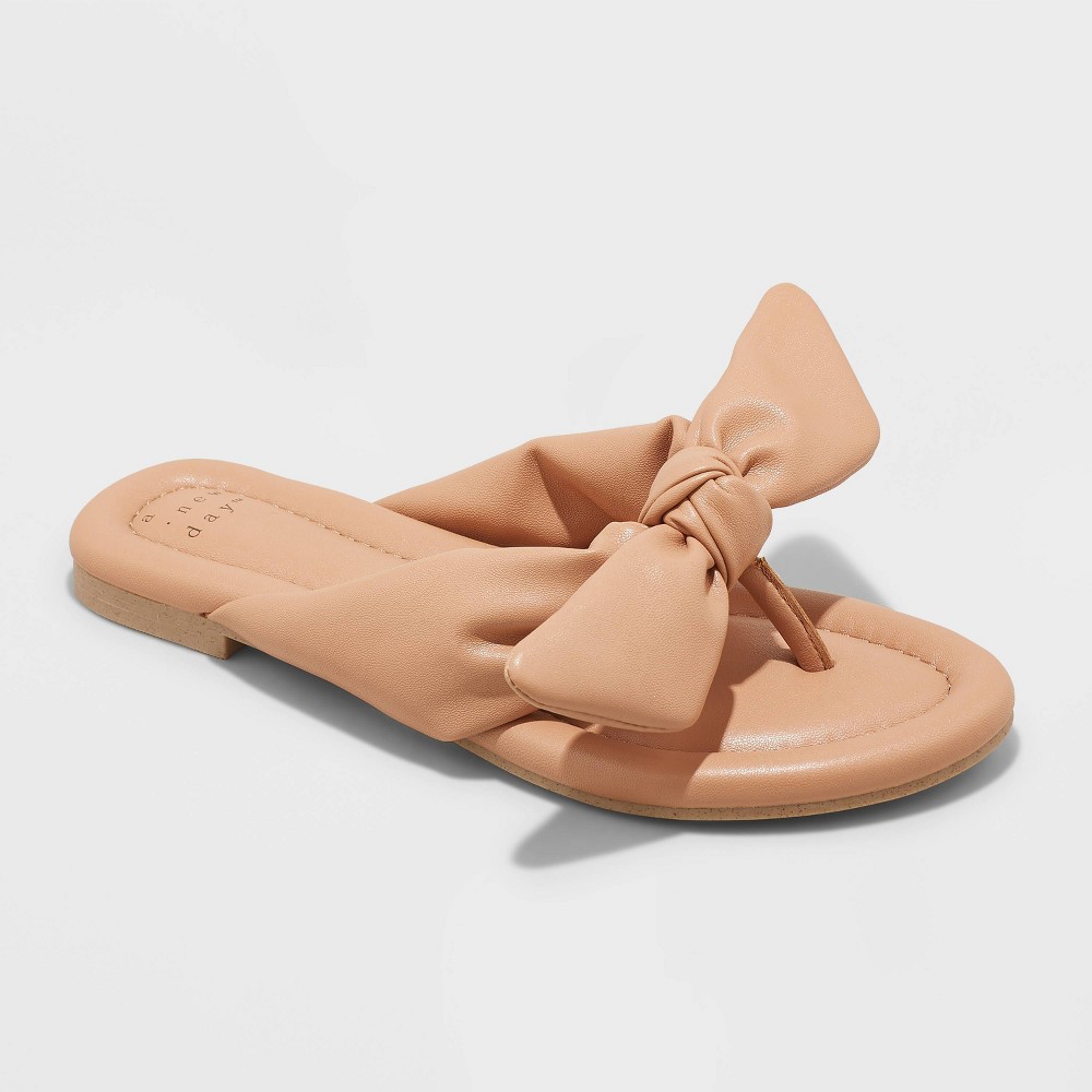 Women's Adley Bow Flip Flop Sandals - A New Day Tan 8