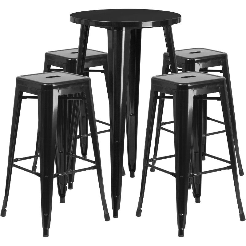 Flash Furniture Commercial Grade 24" Round Metal Indoor-Outdoor Bar Table Set with 4 Square Seat Backless Stools, 1 of 5
