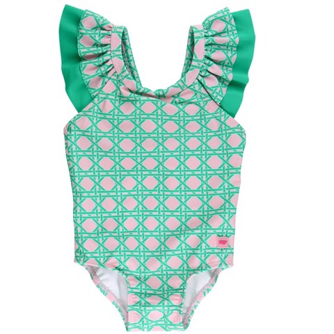 RuffleButts Girls UPF50+ Ruffle V-Back One Piece - Pink Coastal Cane, 7